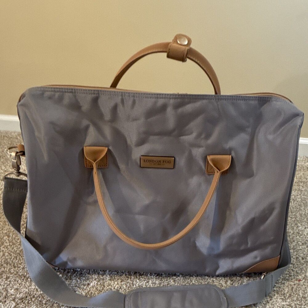 London Fog Gray 20” Weekender Duffel Travel Bag Tan Trim Shoulder Strap